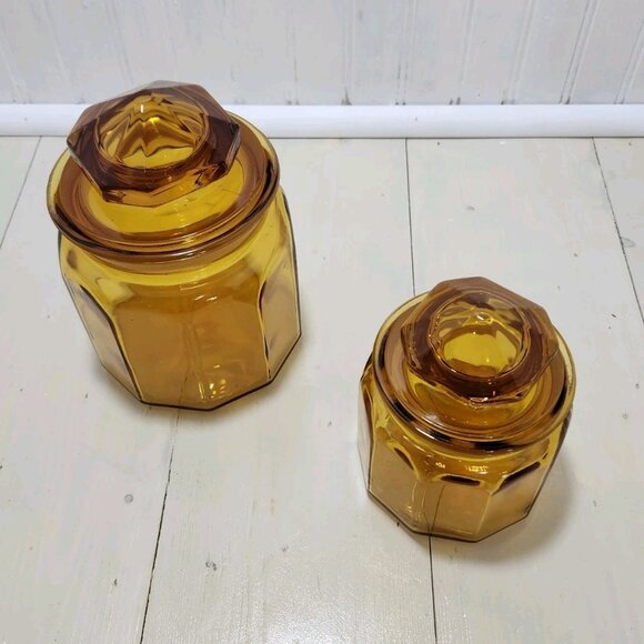 Vtg LE Smith 10 Panel Amber Glass Apothecary Lid Jar 5.25 & 7.25 Canister Set 2‎ - Picture 3 of 12